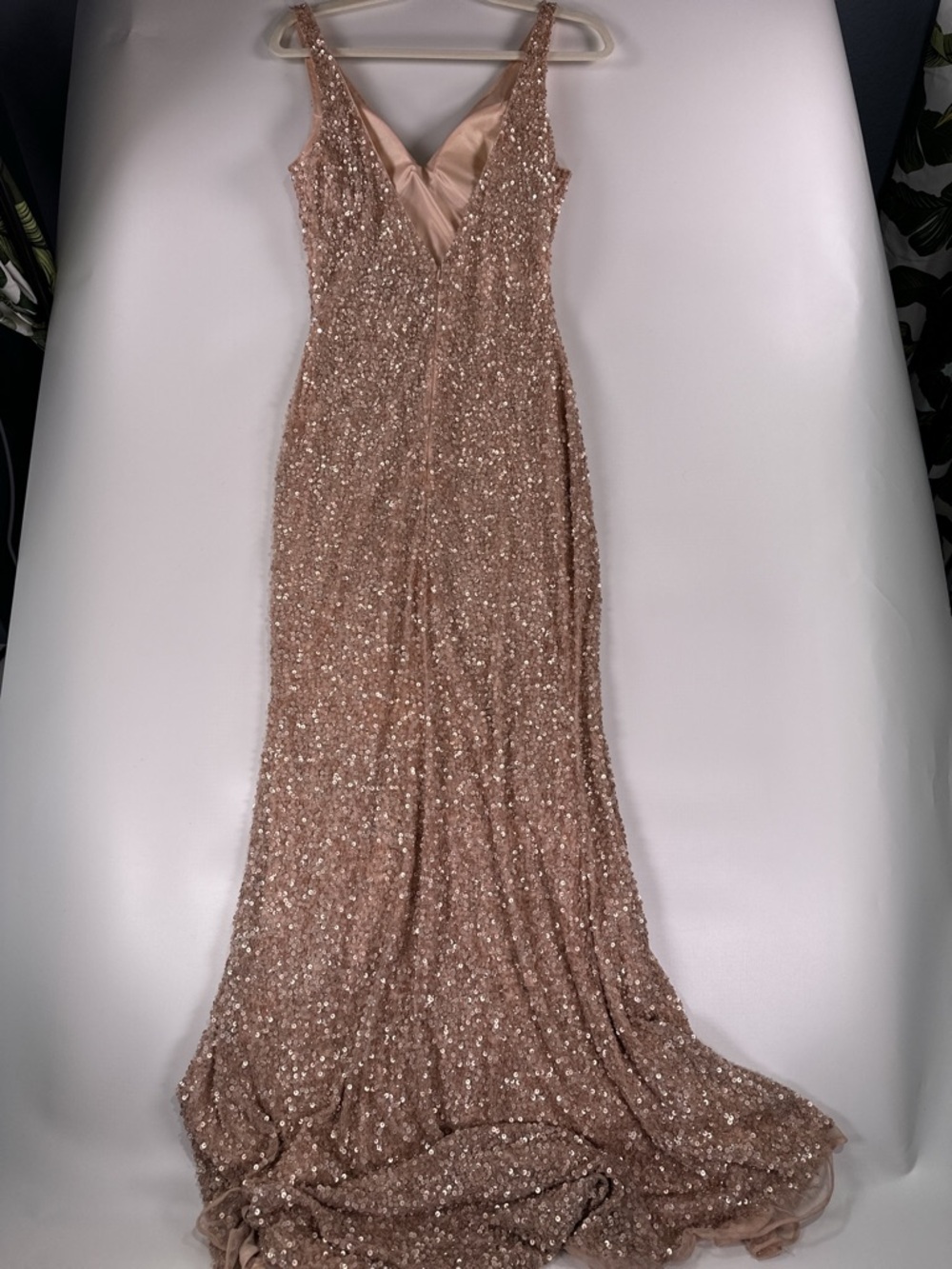 Mac Duggal Rose Gold Sequin Slit Gown 0 AS IS DEAL - Picture 3 of 15